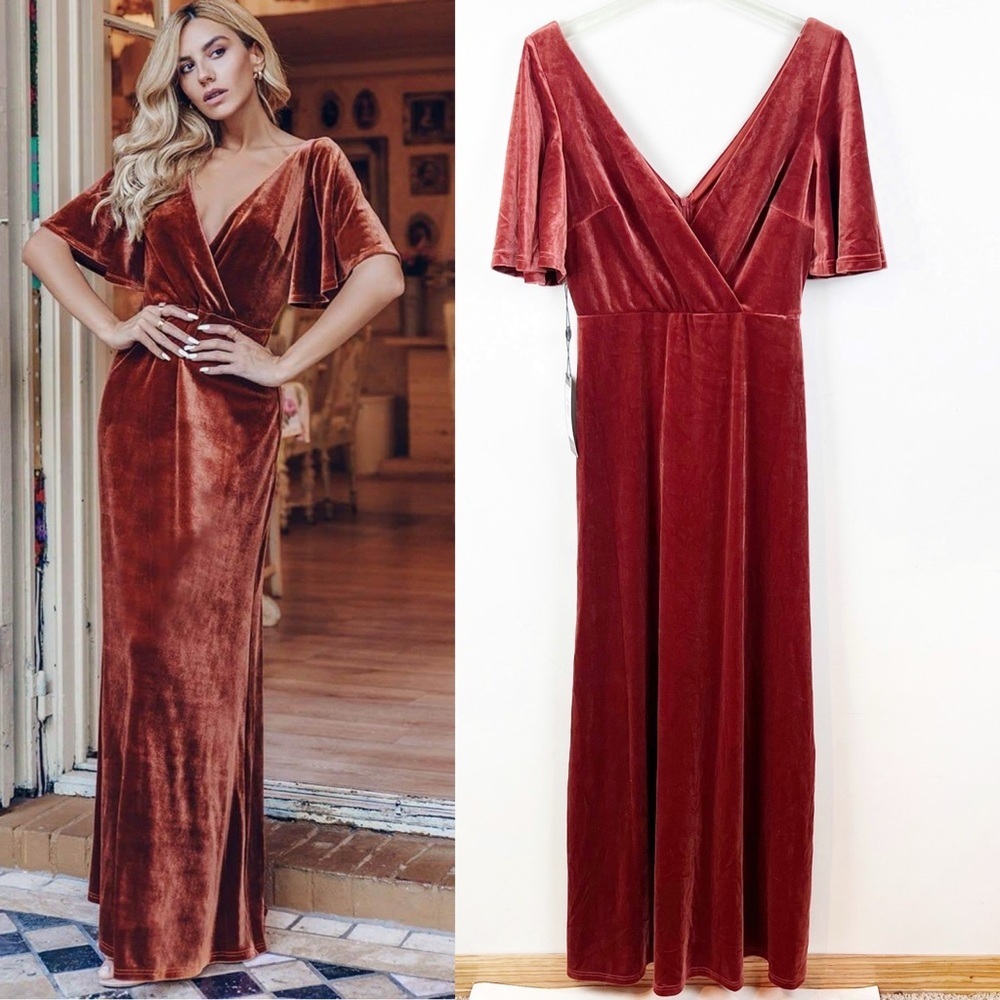 NWT Ever Pretty Velvet V Neck Maxi Dress 8 Burnt Orange Wedding Bridesmaid Glam
